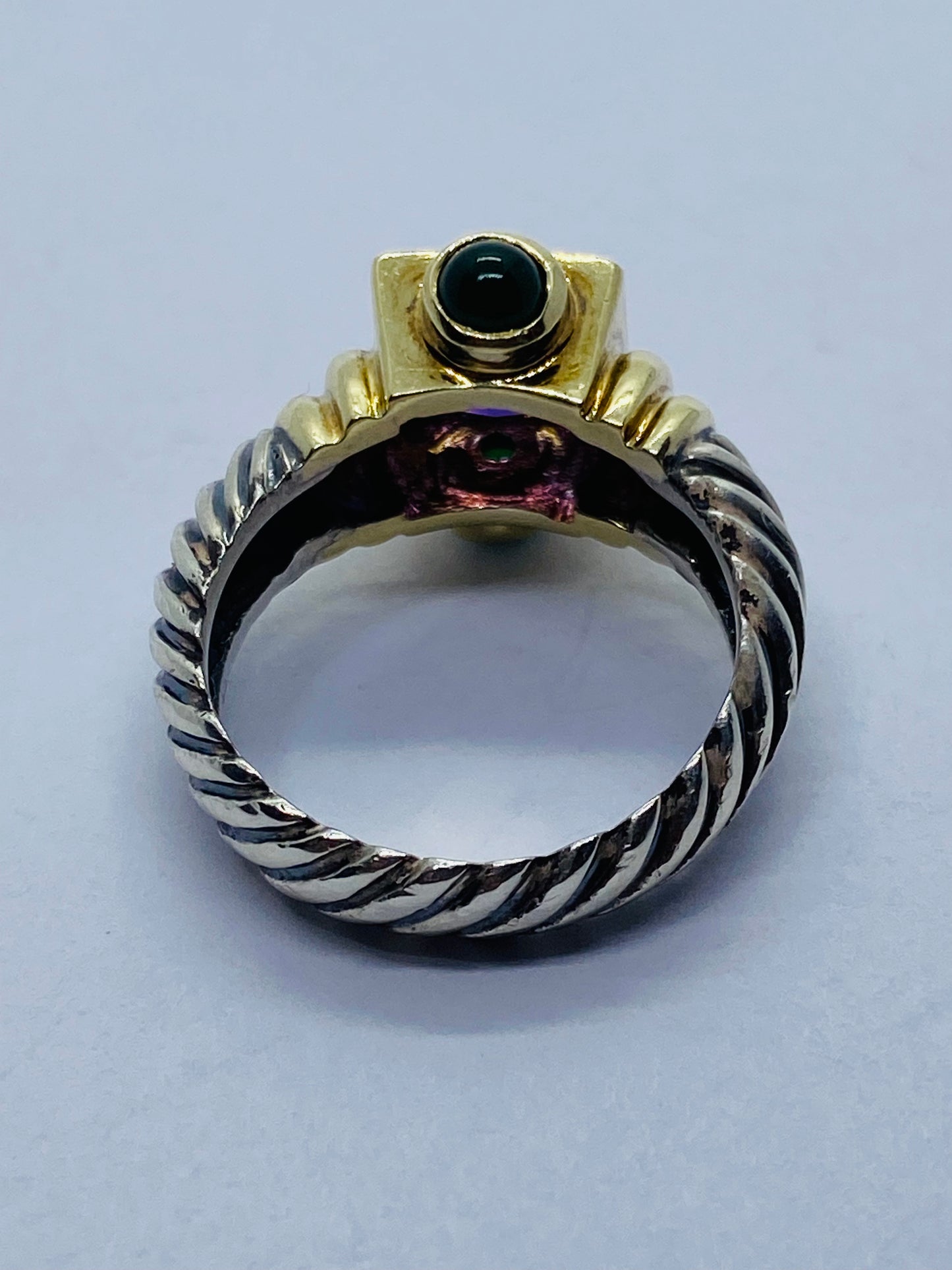 David Yurman 925 14K Gold Renaissance Cable Ring Amethyst Green Onyx  Sz 7.75