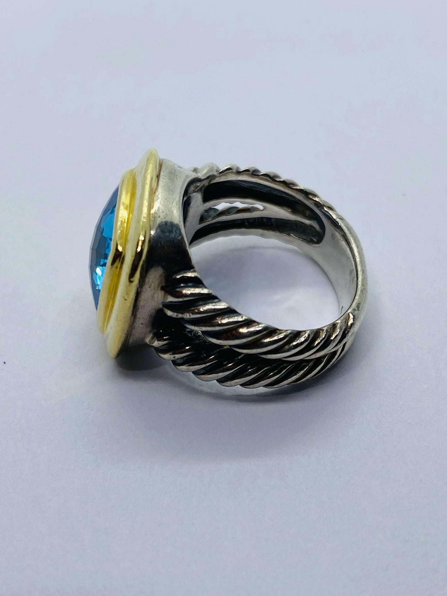 David Yurman Split Shank Sterling Silver & 18K W 11mm Blue Topaz Ring Sz 6