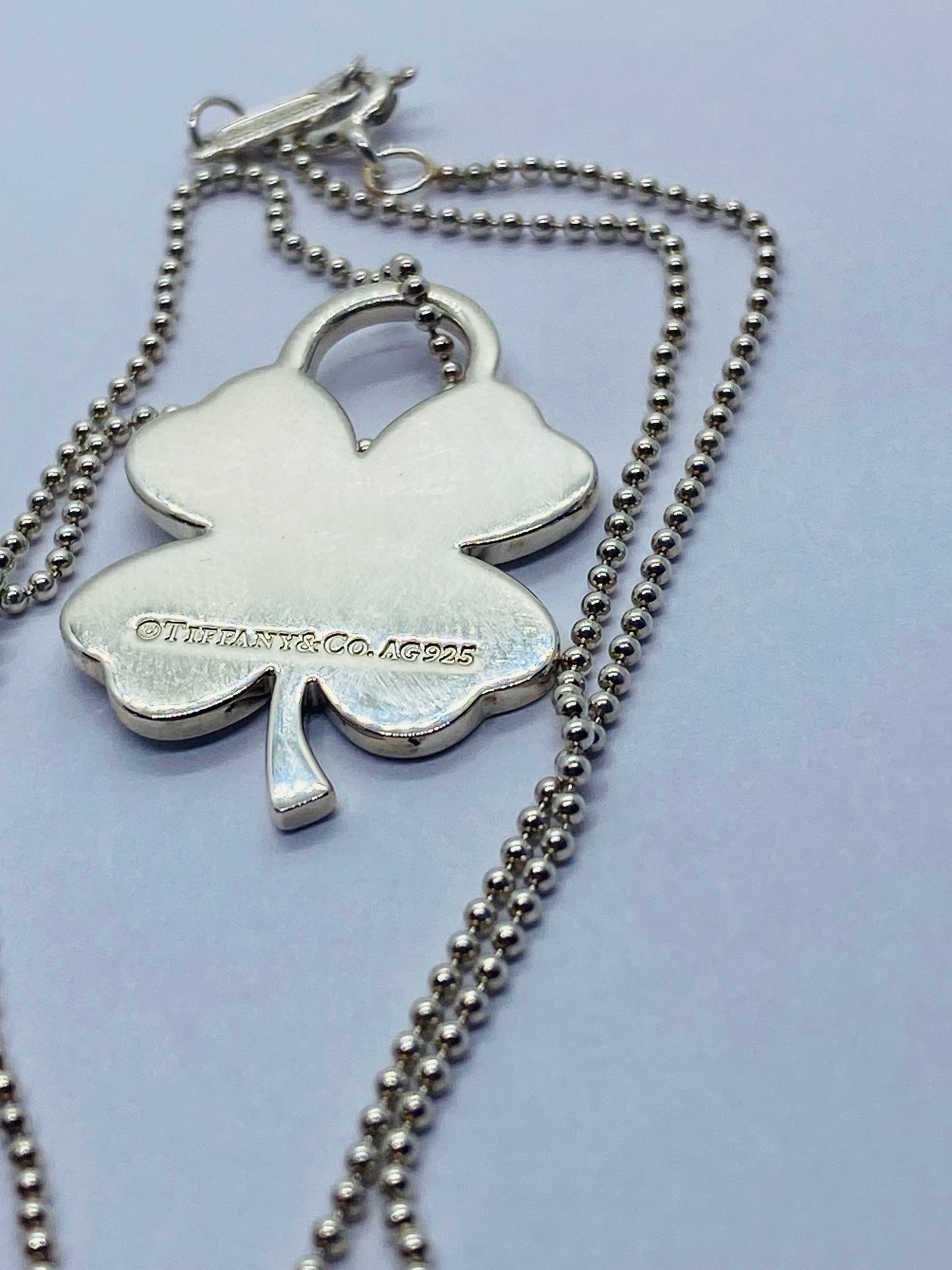 Tiffany & Co Silver Luck Shamrock Irish 4 Leaf Clover Charm Pendant Necklace 16”