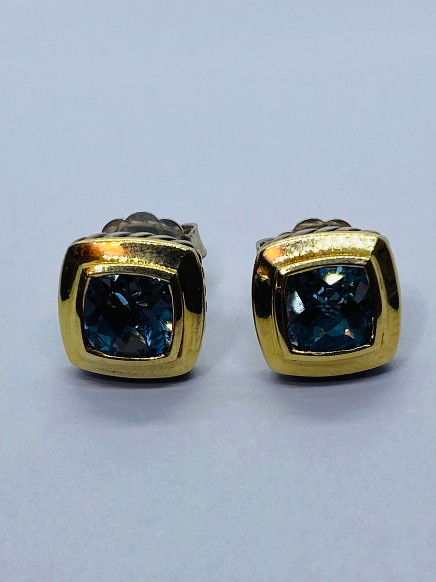 $1275 DAVID YURMAN 18K GOLD, SS ALBION BLUE TOPAZ EARRING Mint Condition