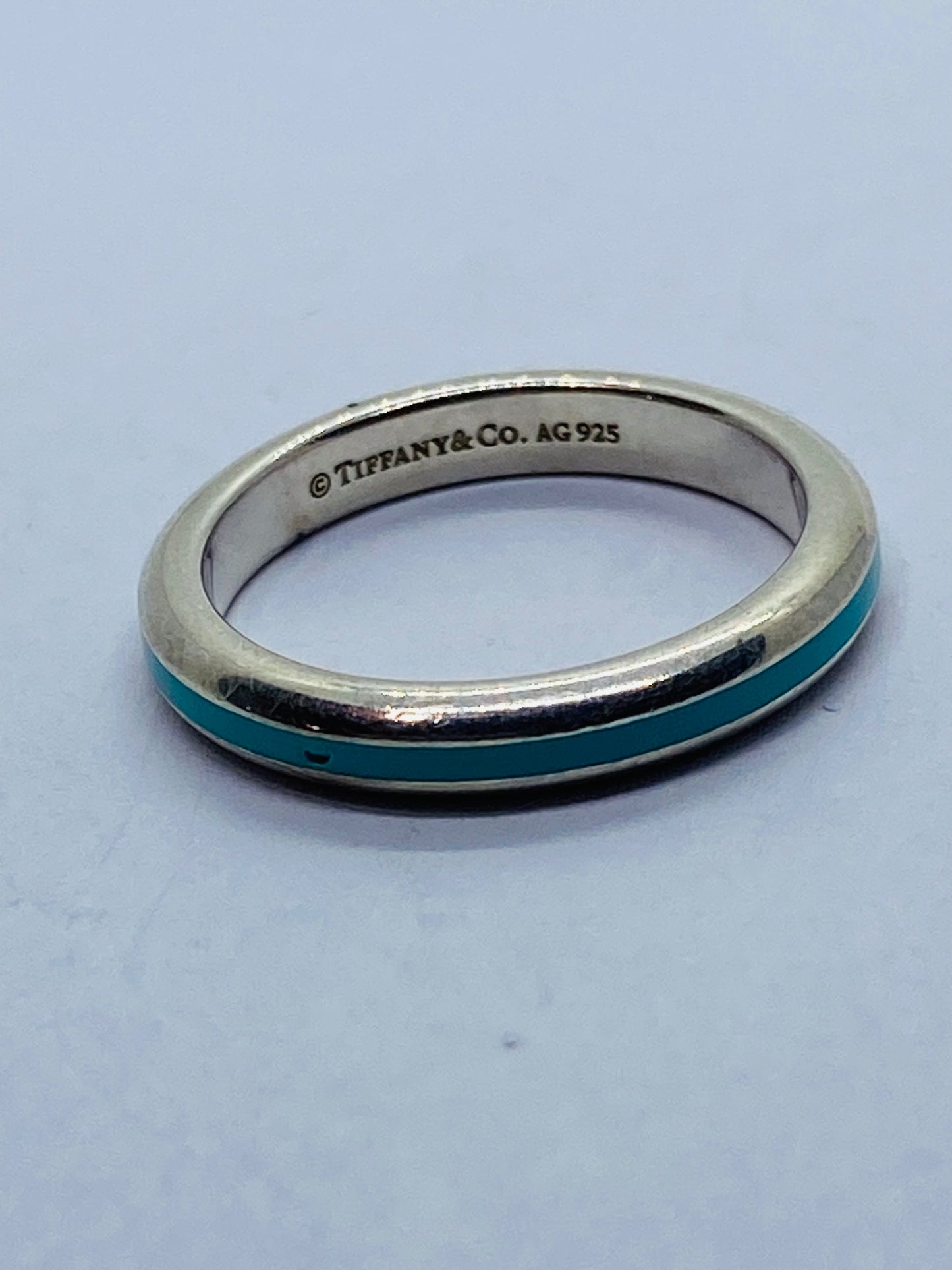 Tiffany & Co. Sterling Silver Blue Enamel Narrow Band Ring Pre-Loved Size 5.25