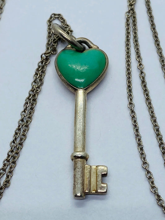 Tiffany & Co. 925 Sterling Silver Blue Enamel Mini Key Heart Necklace 18.25”