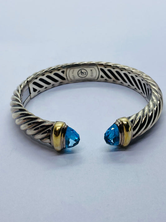 David Yurman 10.5mm Silver & 18k Gold Waverly Cable Cuff Bracelet Blue Topaz