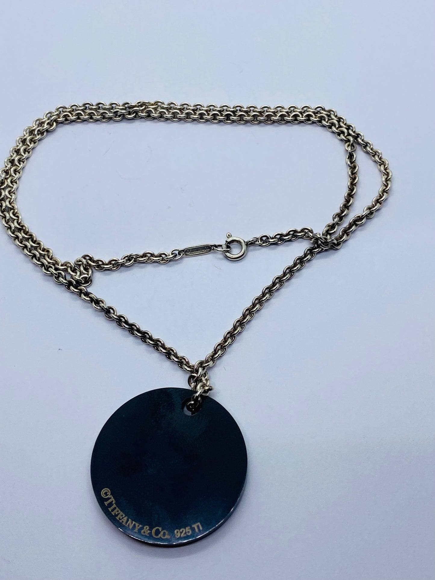 Tiffany & Co. Titanium Sterling Silver Round Disc Pendant & Chain Necklace Pouch