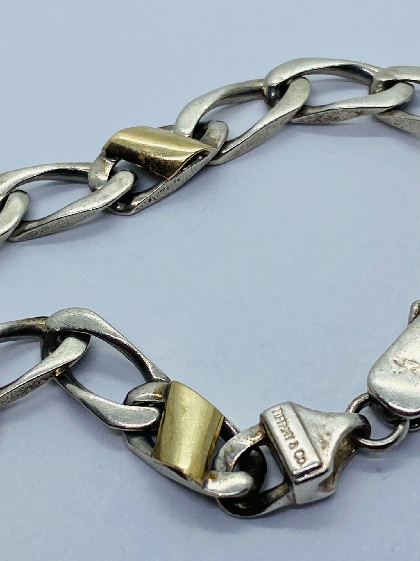 Tiffany & Co. Bracelet Sterling Silver 18k Gold Figaro Cuban Curb Link 7”