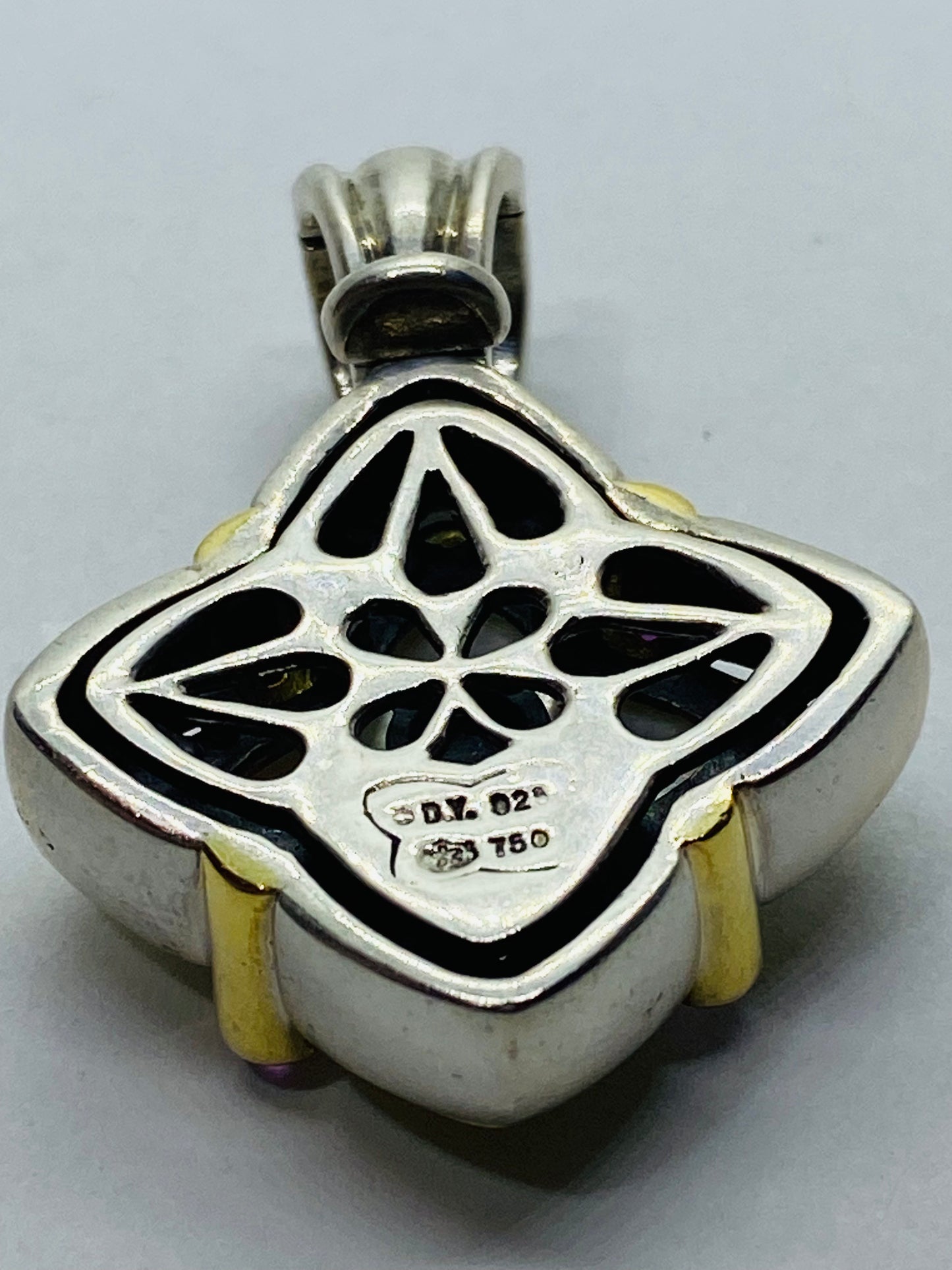David Yurman SS & 18K Large 27MM Carved Mother of Pearl Quatrefoil  Pendant
