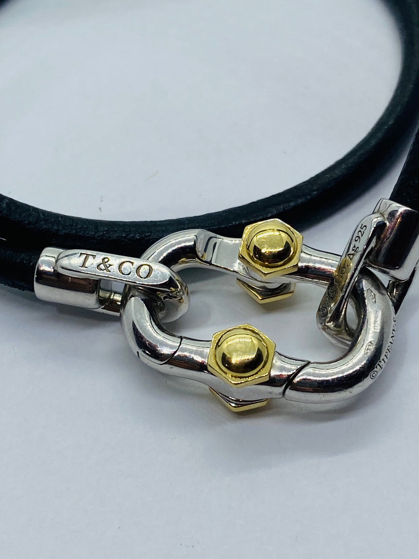 Tiffany & co. 1837 Makers Black leather cord Sterling and 18k Bracelet 14.25”