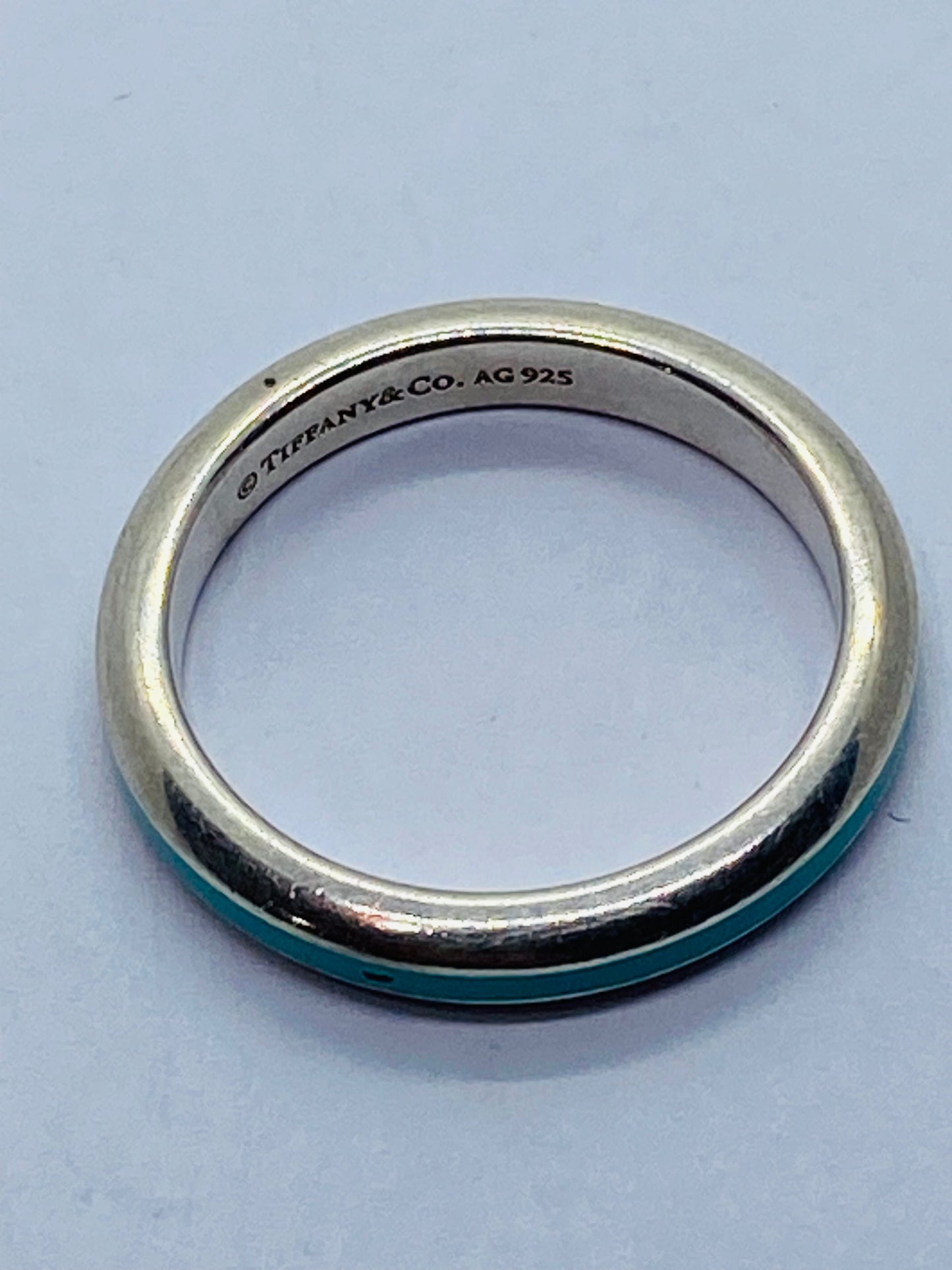 Tiffany & Co. Sterling Silver Blue Enamel Narrow Band Ring Pre-Loved Size 5.25