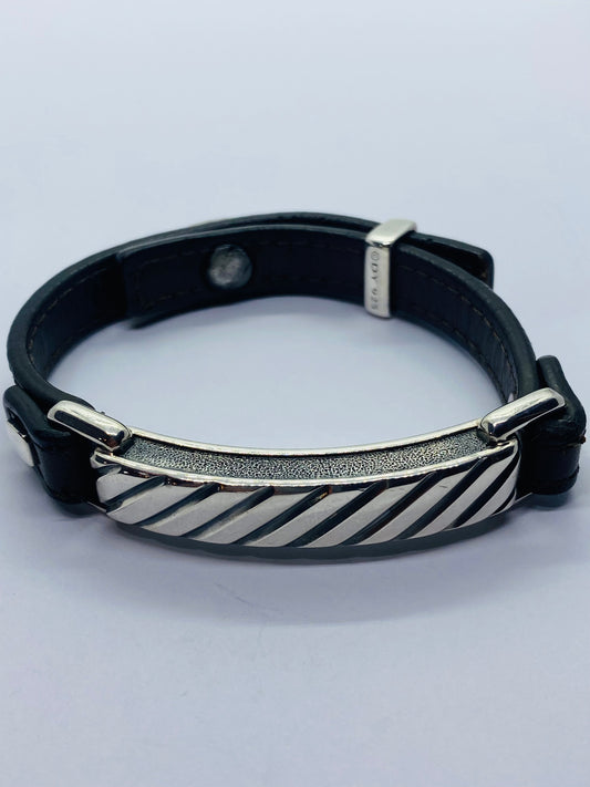 David Yurman Sterling Silver Modern Leather Striped ID Bracelet Brown 39.1 Grams