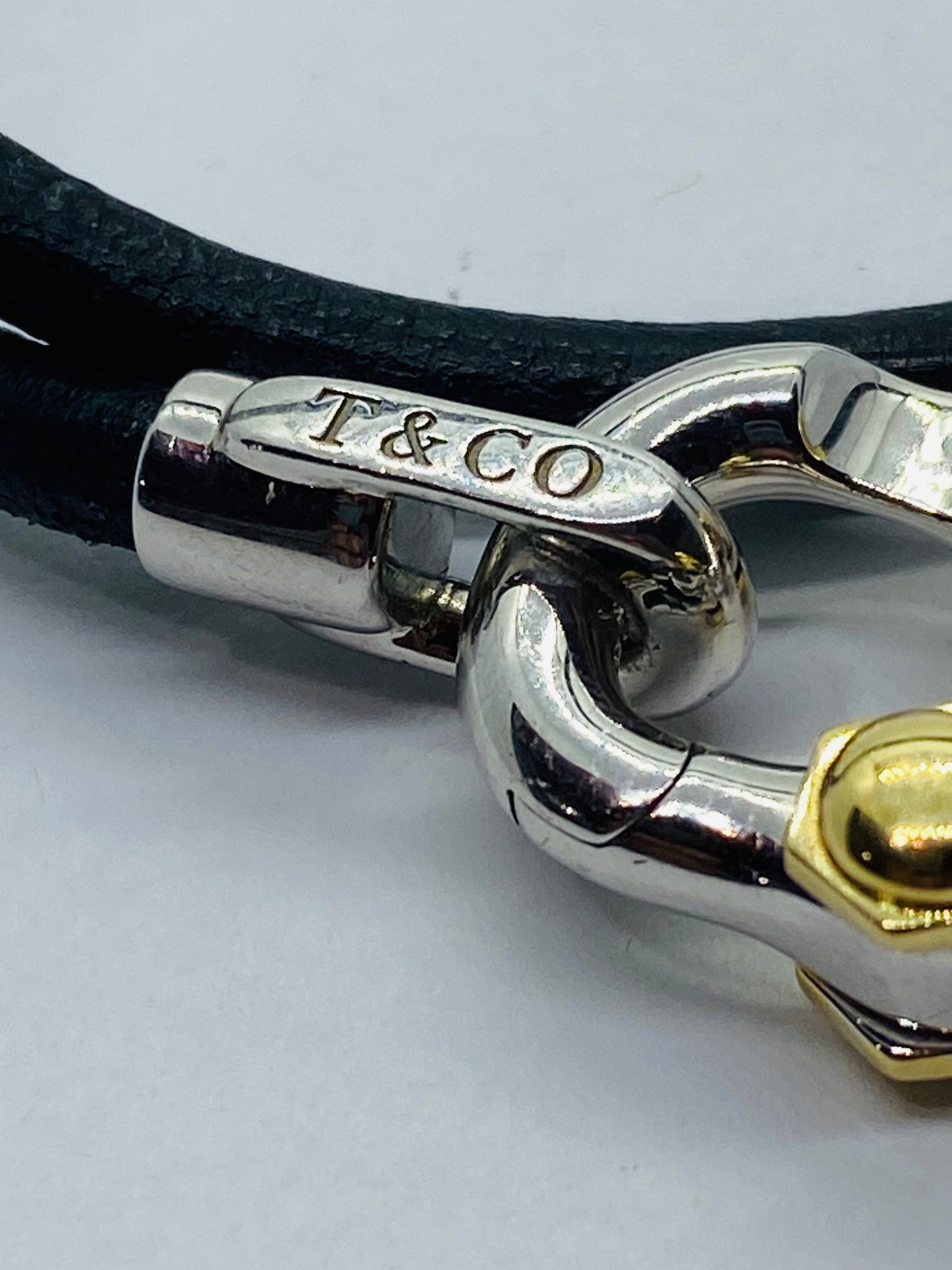 Tiffany & co. 1837 Makers Black leather cord Sterling and 18k Bracelet 14.25”