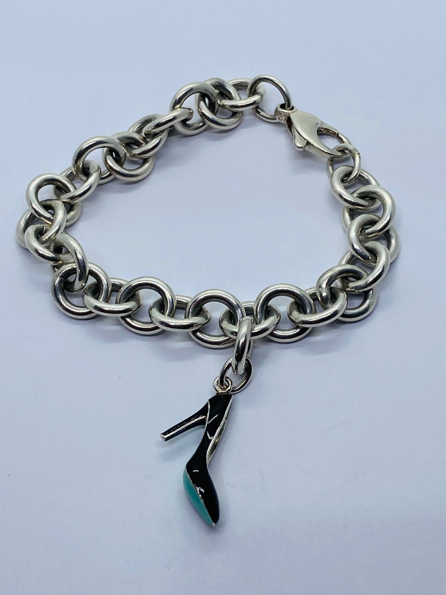 Tiffany & Co Silver Enamel Blue Black Enamel Heel Shoe Charm Pump Bracelet 7.5”