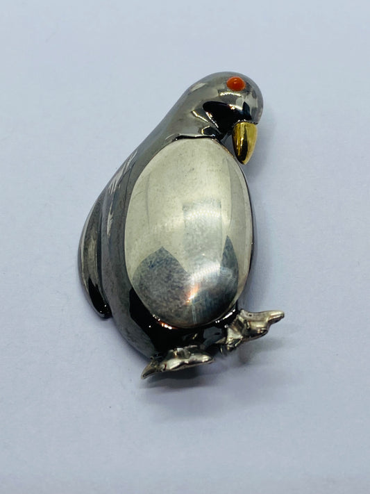 Tiffany & Co Sterling Siler 925 18K 750 Coral Penguin Brooch