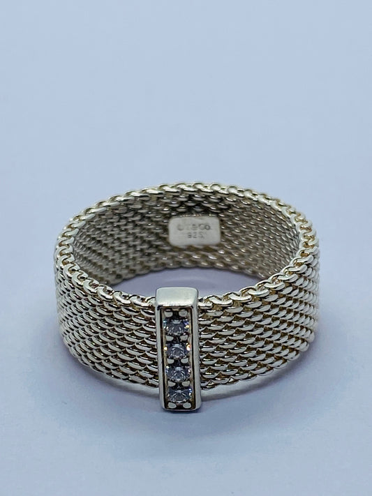 Tiffany & Co Sterling Silver Diamond Mesh Somerset Wide Band Ring. Retired
