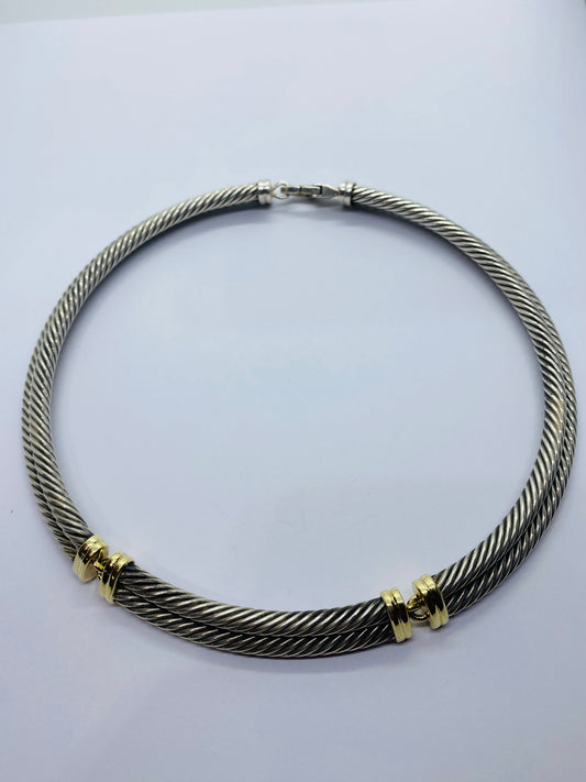 10MM David Yurman Silver and 14k Yellow Gold Double Cable Collar Necklace 113G