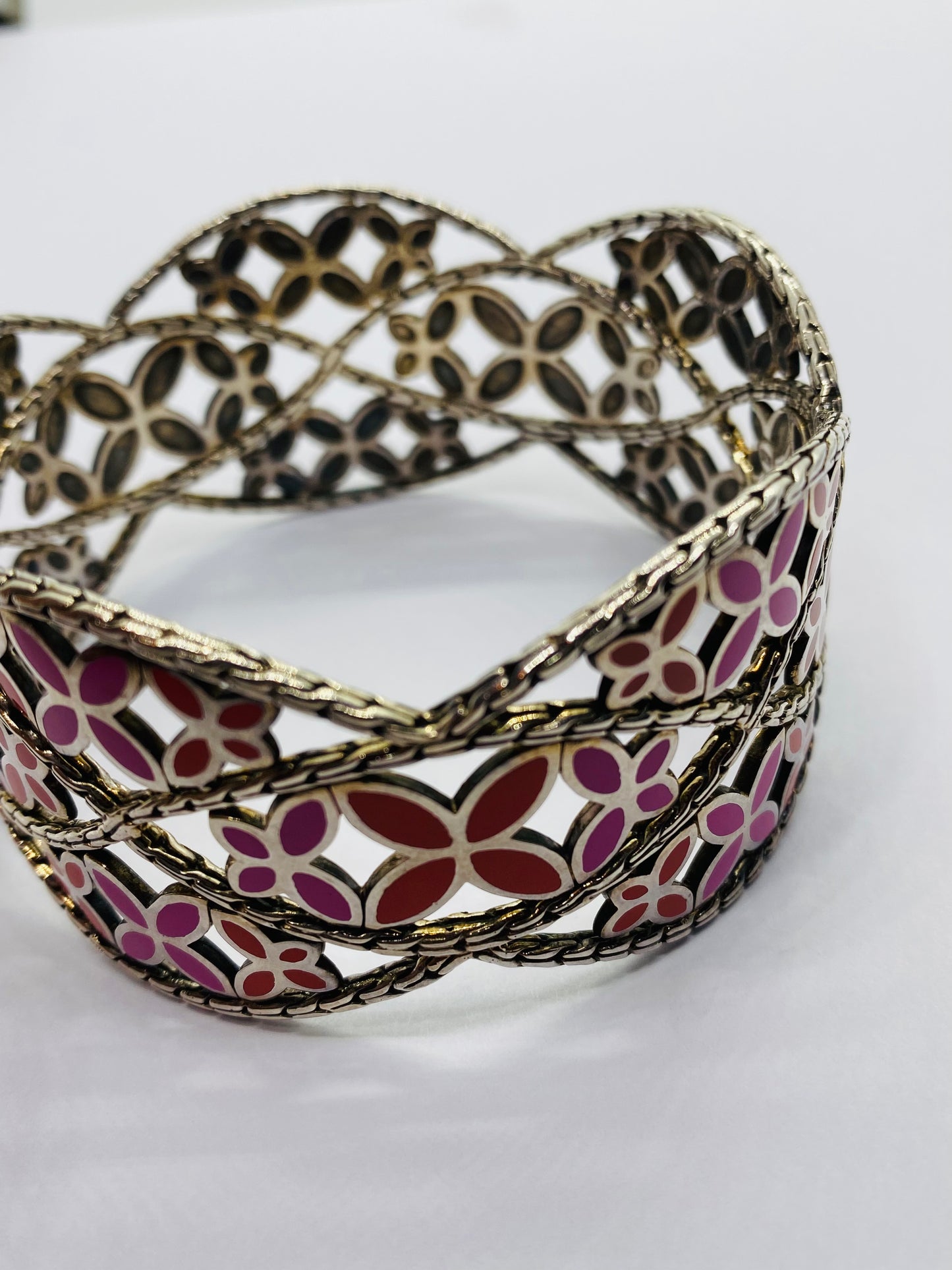 John Hardy 925 Sterling Kawung Vintage Enamel Floral wide Bangle READ! Bracelet