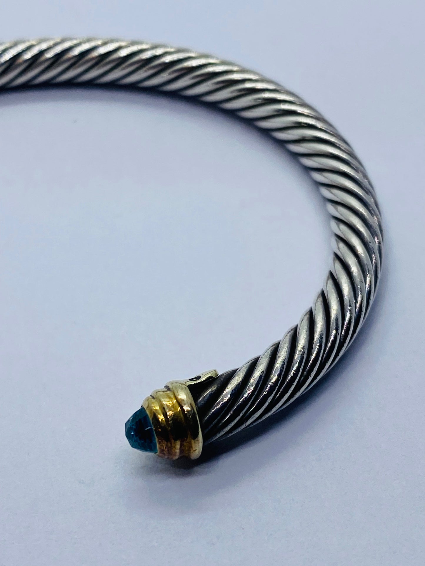 David Yurman Sterling Silver 14k Gold 5mm Cable Bangle Cuff Blue Topaz Bracelet