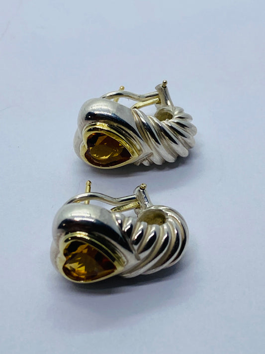 David Yurman Heart Citrine Shrimp Sterling Silver 14K Gold French Clip Earrings