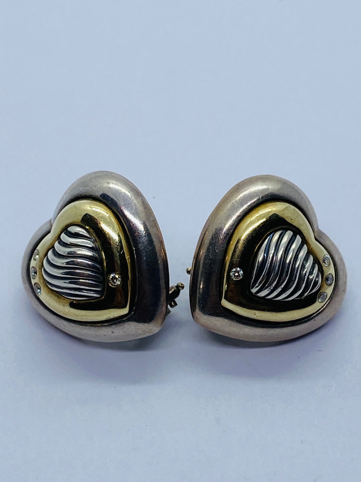 David Yurman Thoroughbred Diamond Heart 18K & Sterling Silver Cable Earrings