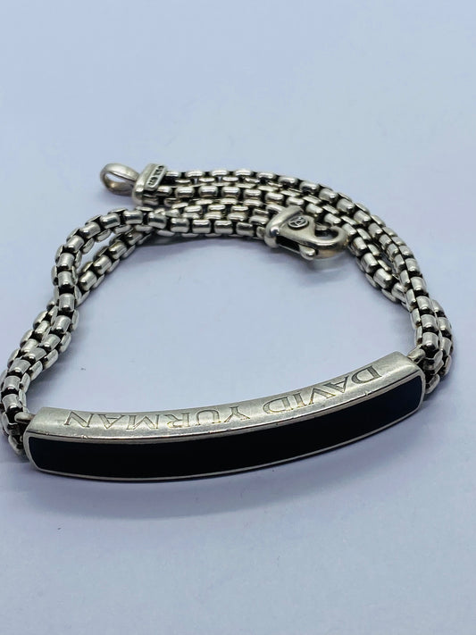 David Yurman Sterling Silver & Onyx ID Bracelet Double Box Chain Link 8.5”