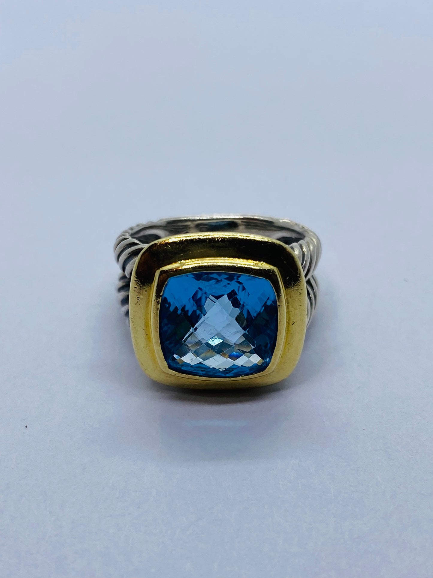 David Yurman Split Shank Sterling Silver & 18K W 11mm Blue Topaz Ring Sz 6