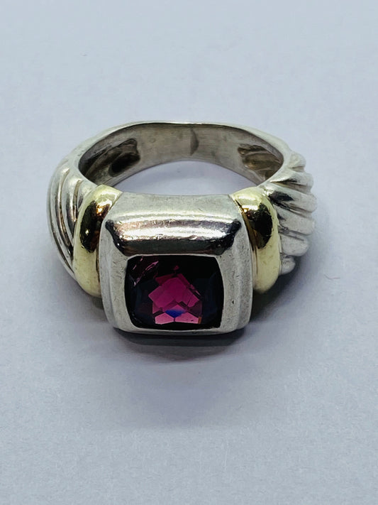 DAVID YURMAN - Sterling Silver 14k Gold & 8mm Garnet Noblesse Ring, Size 5.5