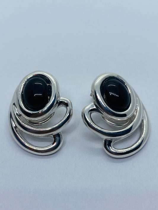 Tiffany & Co. Vintage Sterling Silver Onyx Spray Splash Clip On Earrings 1984