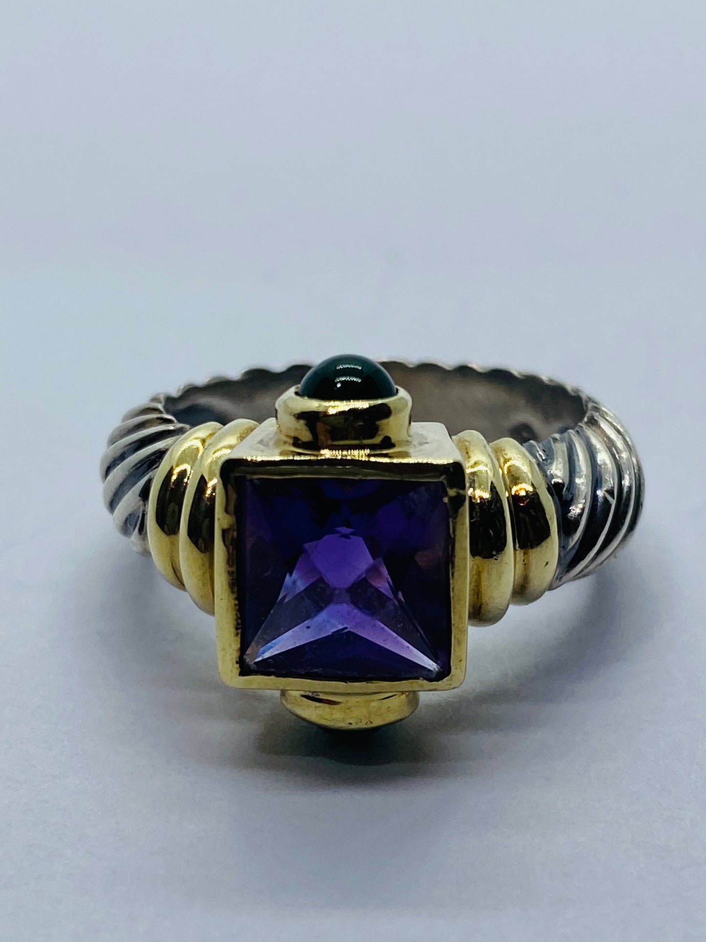 David Yurman 925 14K Gold Renaissance Cable Ring Amethyst Green Onyx  Sz 7.75