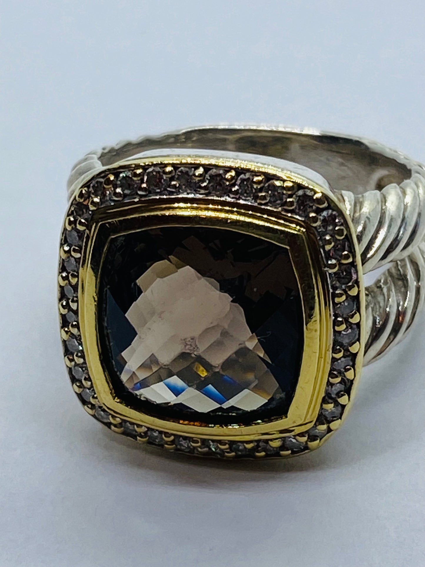 David Yurman Silver 925 & 18k Gold Albion 11mm Smoky Topaz Diamond Ring Sz 6.25