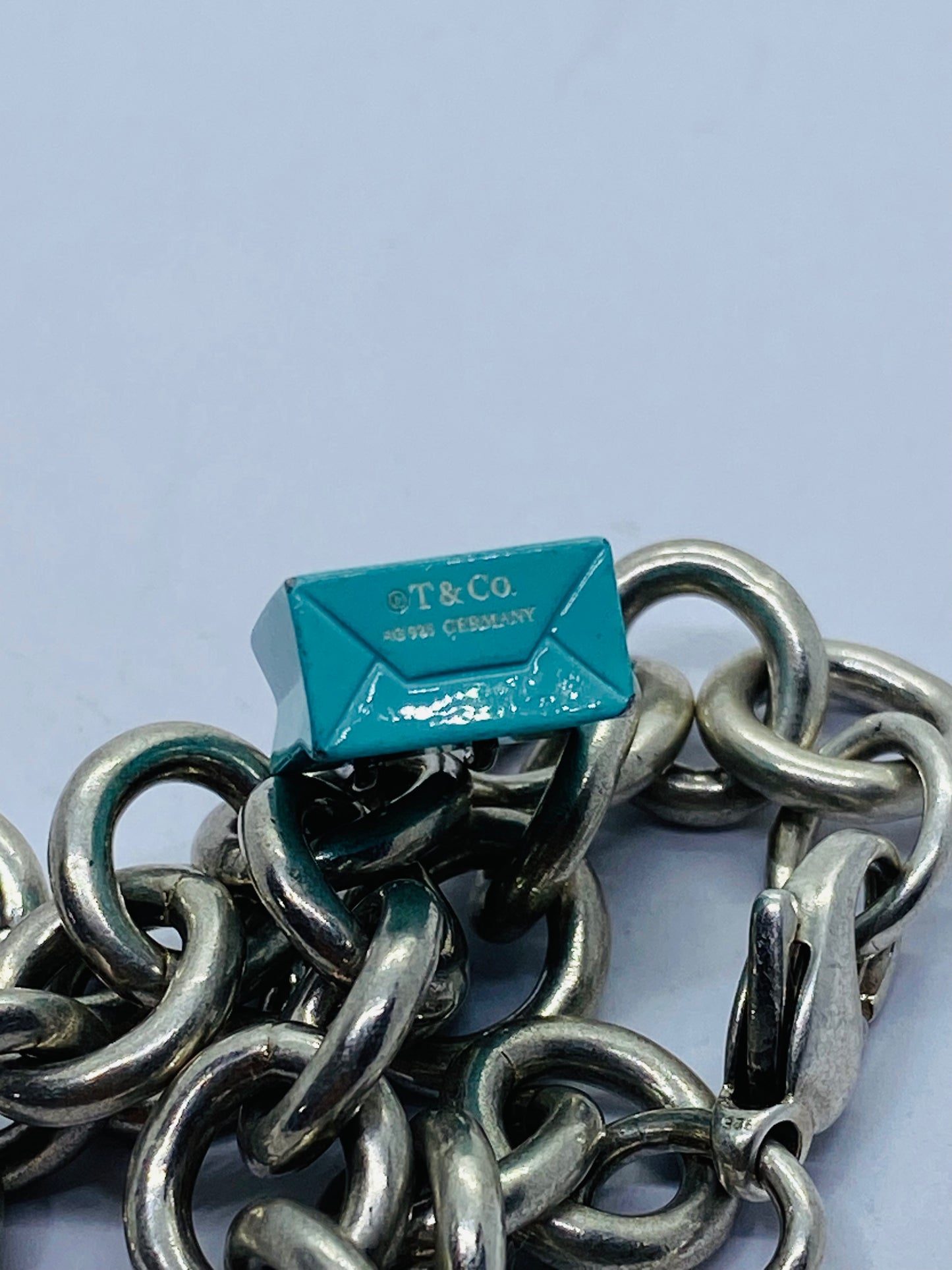Tiffany & Co Rolo Link  Bracelet 8” W Blue Enamel Shopping Bag  T & Co 925 Pouch