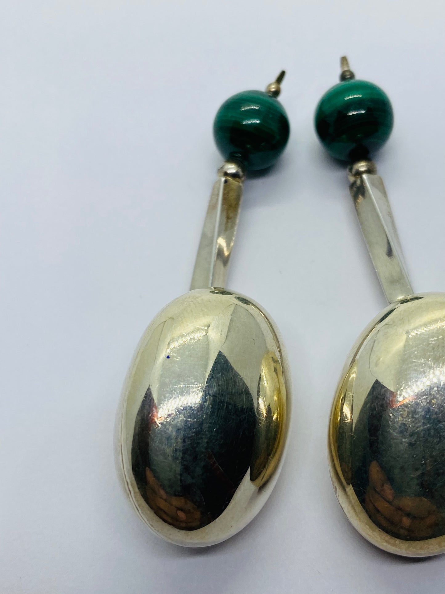 Tiffany & Co.  Sterling Silver Huge Malachite Drop Dangle Clip Earrings