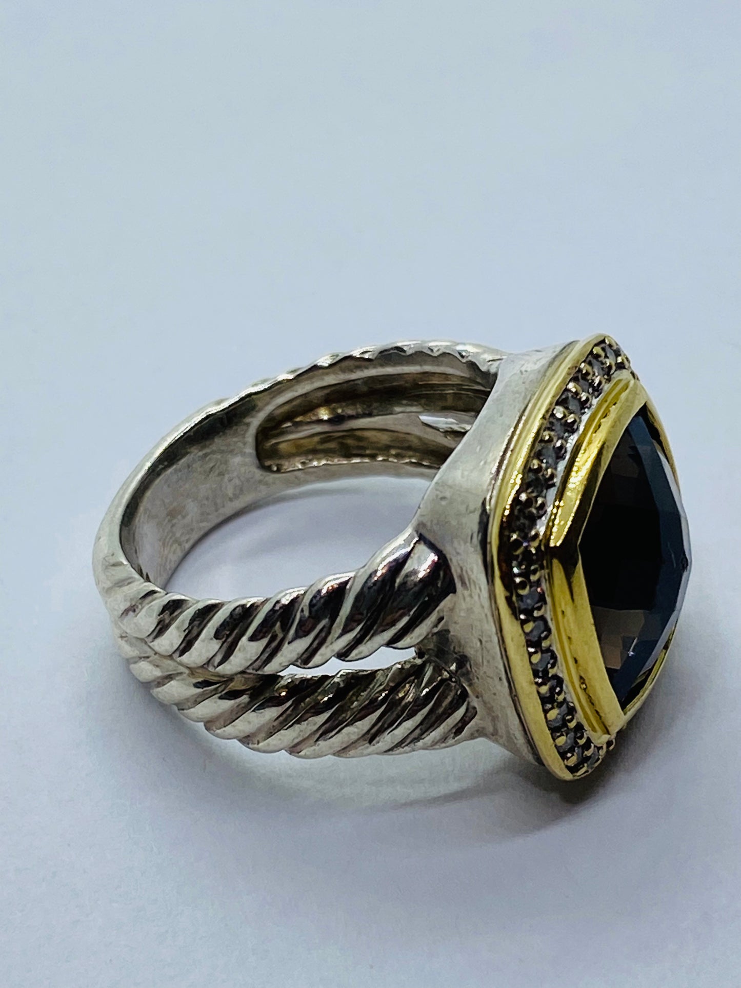 David Yurman Silver 925 & 18k Gold Albion 11mm Smoky Topaz Diamond Ring Sz 6.25