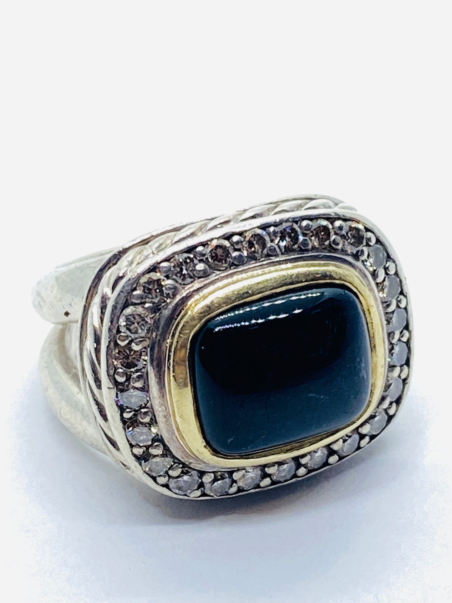 David Yurman Albion Diamond 1.25CT Onyx 18k Gold 925 Silver Ring Size 6.5 RARE