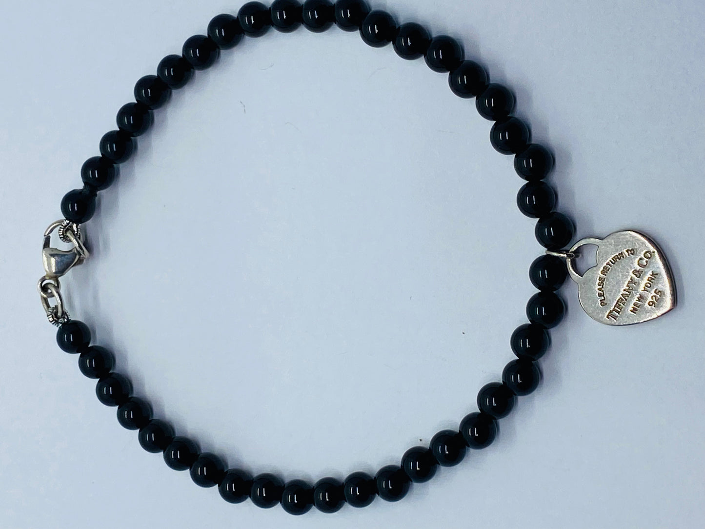 Tiffany & Co. 925 Silver RTT Heart Tag 4mm Black Onyx 6.75” Bracelet