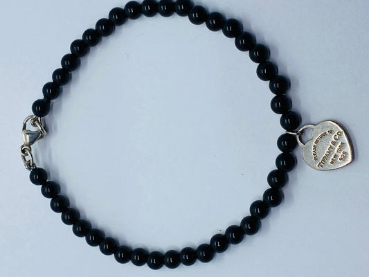 Tiffany & Co. 925 Silver RTT Heart Tag 4mm Black Onyx 6.75” Bracelet