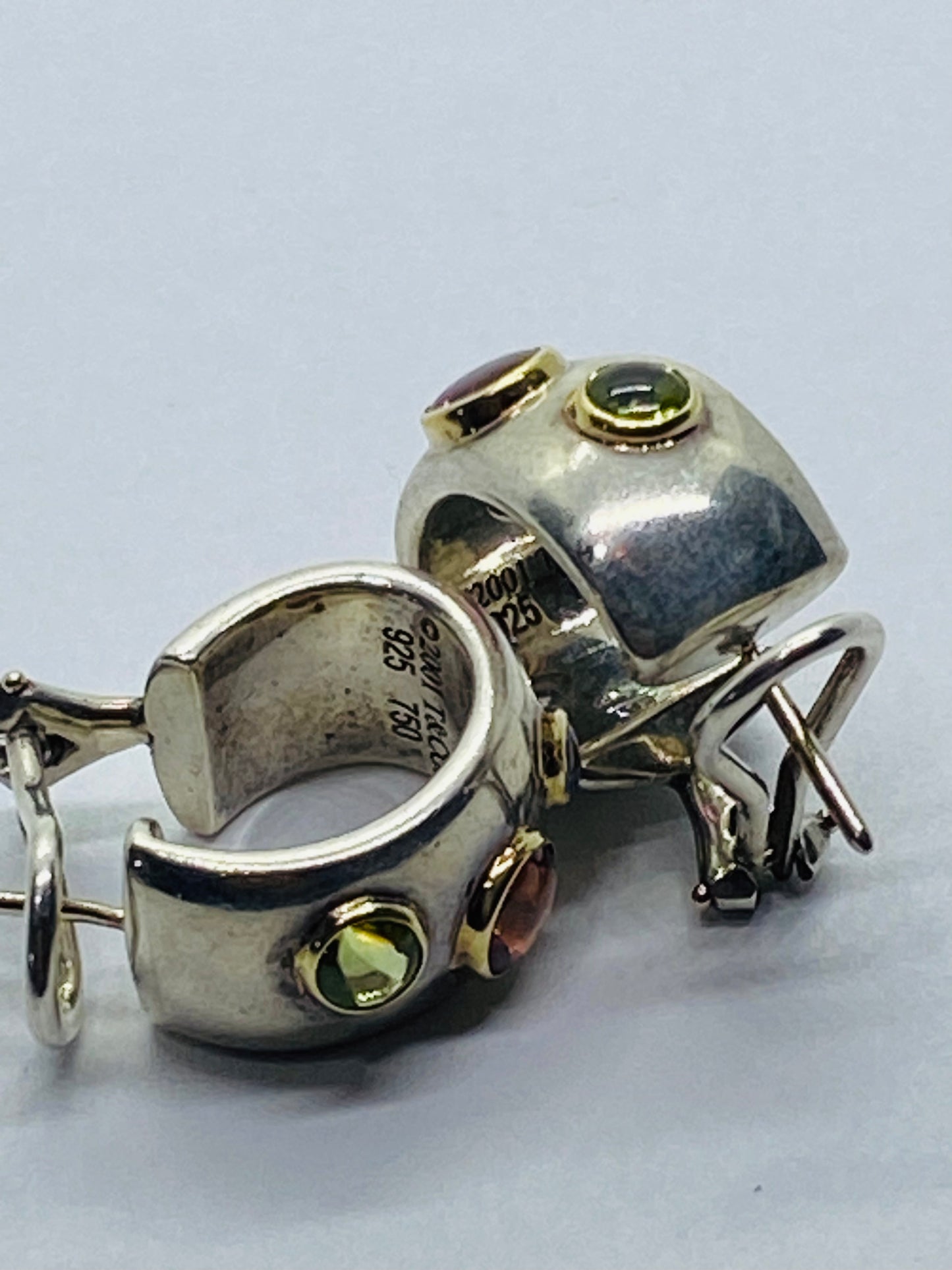 Tiffany & Co RARE Silver 18K Gold Etoile Gemstone Sapphire Peridot Hoop Earrings