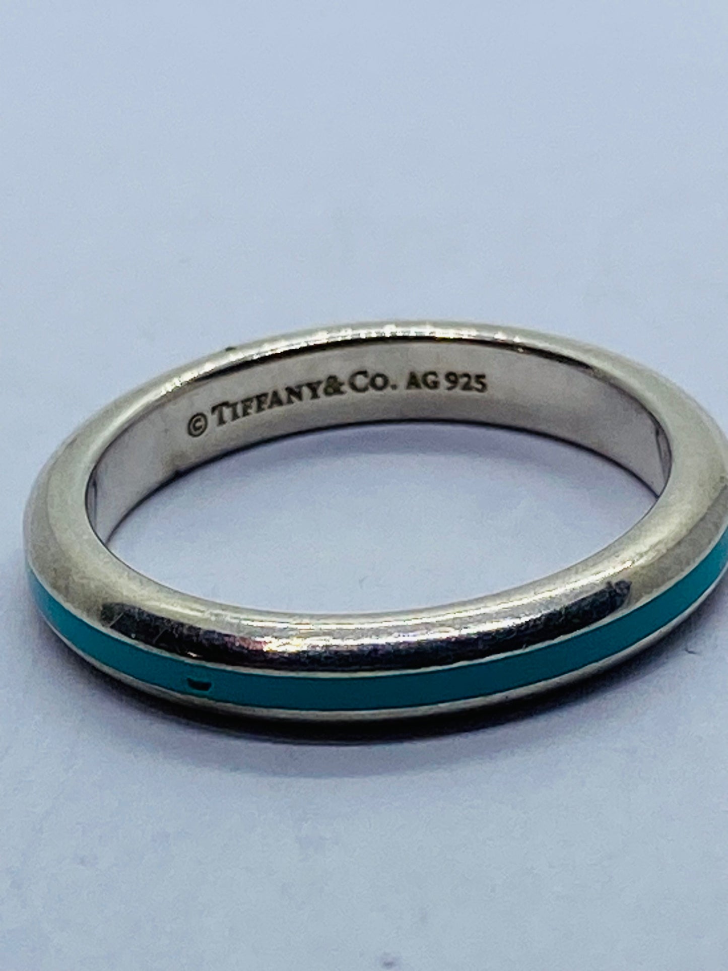 Tiffany & Co. Sterling Silver Blue Enamel Narrow Band Ring Pre-Loved Size 5.25