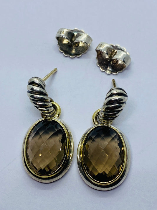 DAVID YURMAN STERLING SILVER 18K YELLOW GOLD OVAL SMOKEY TOOAZ DROP DANGLE