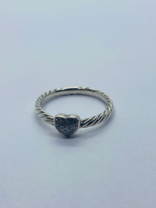 David Yurman Sterling Silver Classic Cable Heart Diamond Ring Size 7.25