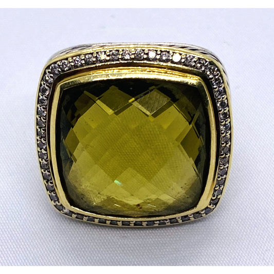 David Yurman Green-Yellowish Stone 18K 925 Diamond Ring 6.25