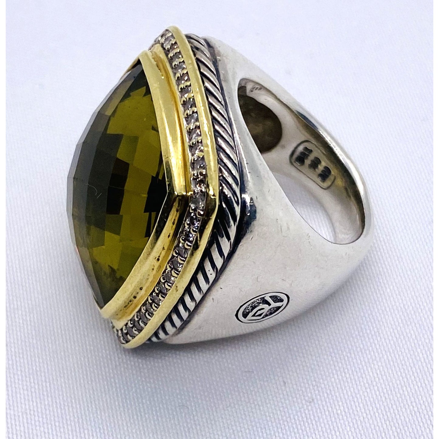 David Yurman Green-Yellowish Stone 18K 925 Diamond Ring 6.25