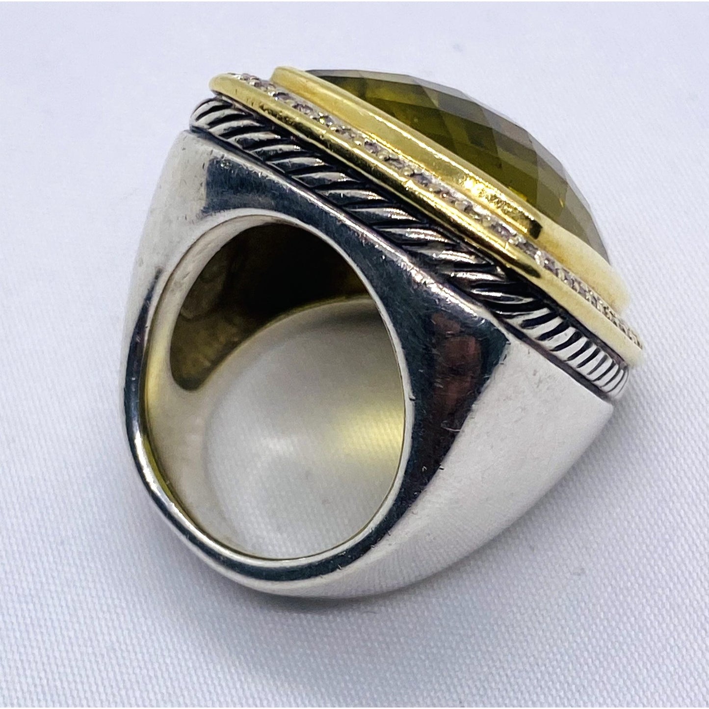 David Yurman Green-Yellowish Stone 18K 925 Diamond Ring 6.25