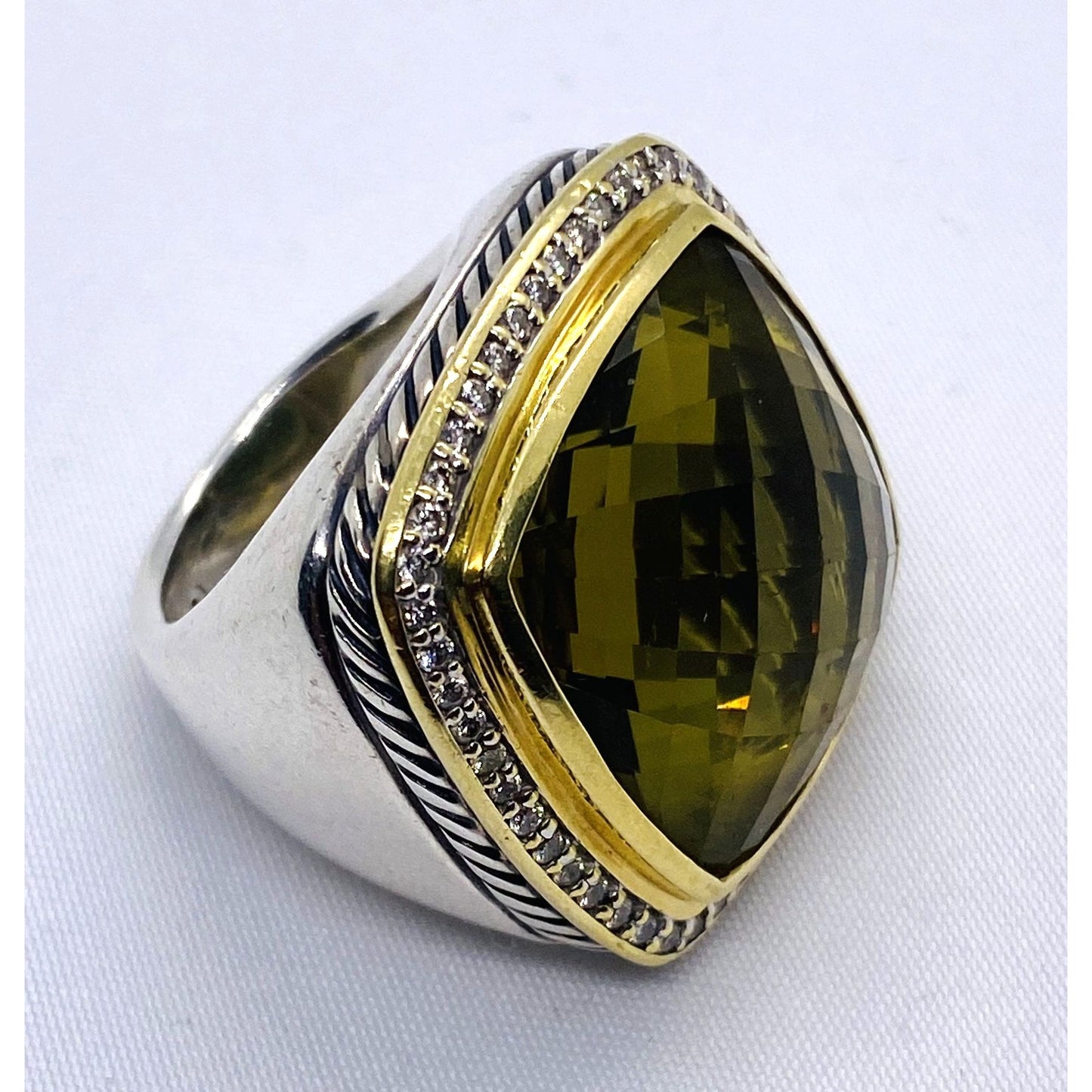 David Yurman Green-Yellowish Stone 18K 925 Diamond Ring 6.25