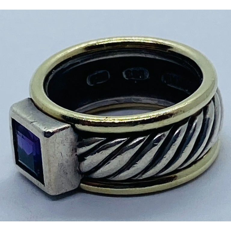 David Yurman Sterling 14K Yellow Gold Cigar Cable Ring Amethyst Band 5.75