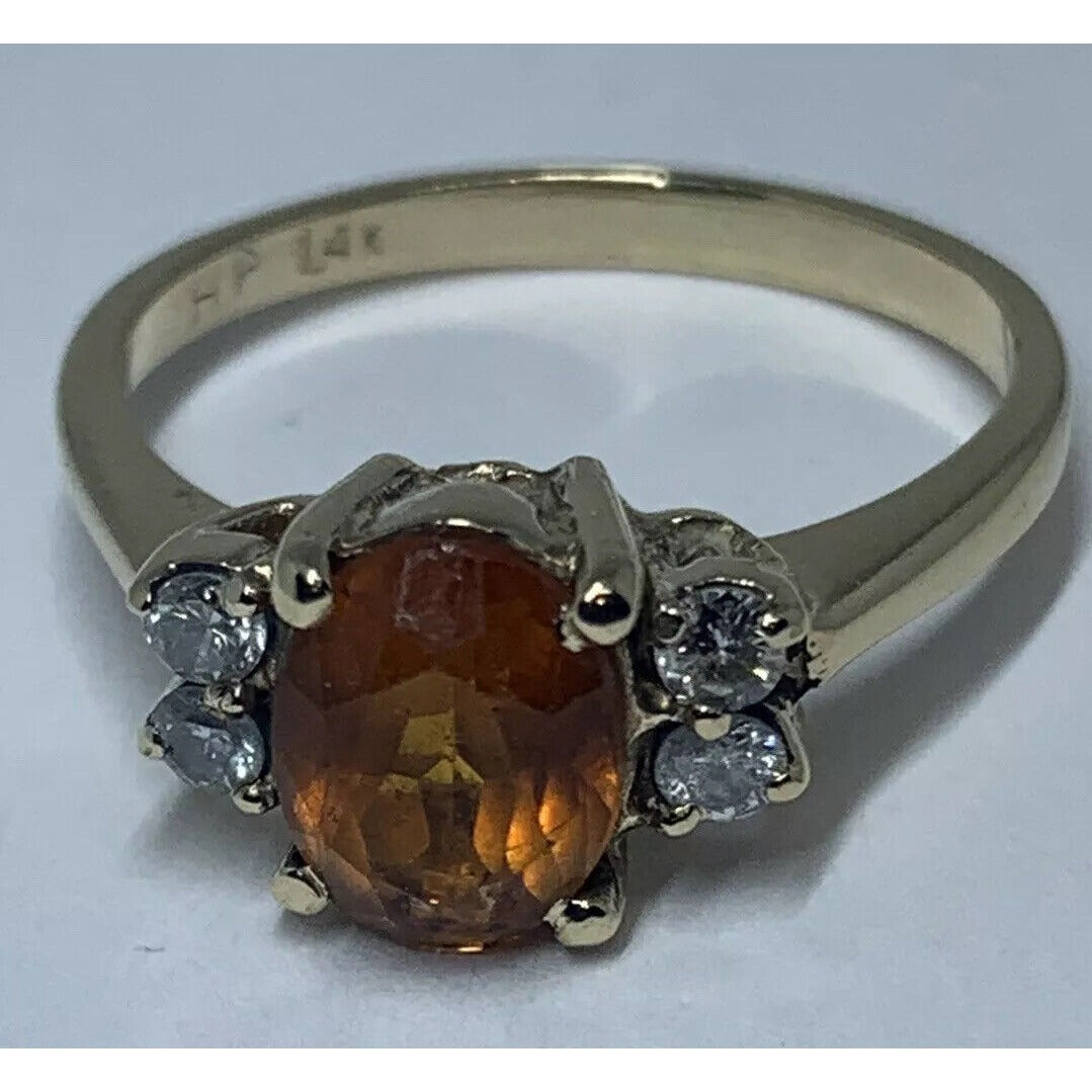 14K Yellow Gold Diamond & Orange Stone, Size 6.5 Hallmarked HP 14K