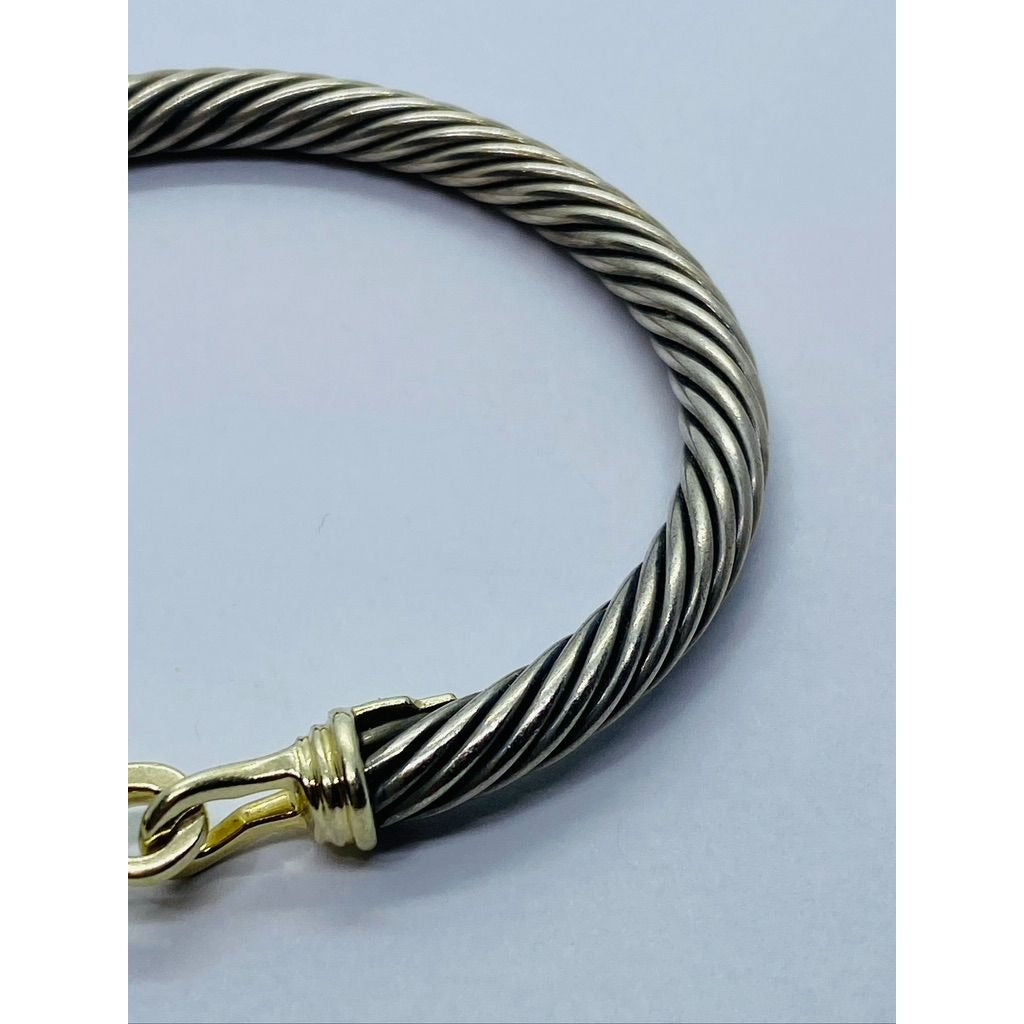 David Yurman Sterling Silver 14k Yellow Gold Hook Cable Buckle Bangle Bracelet 6"
