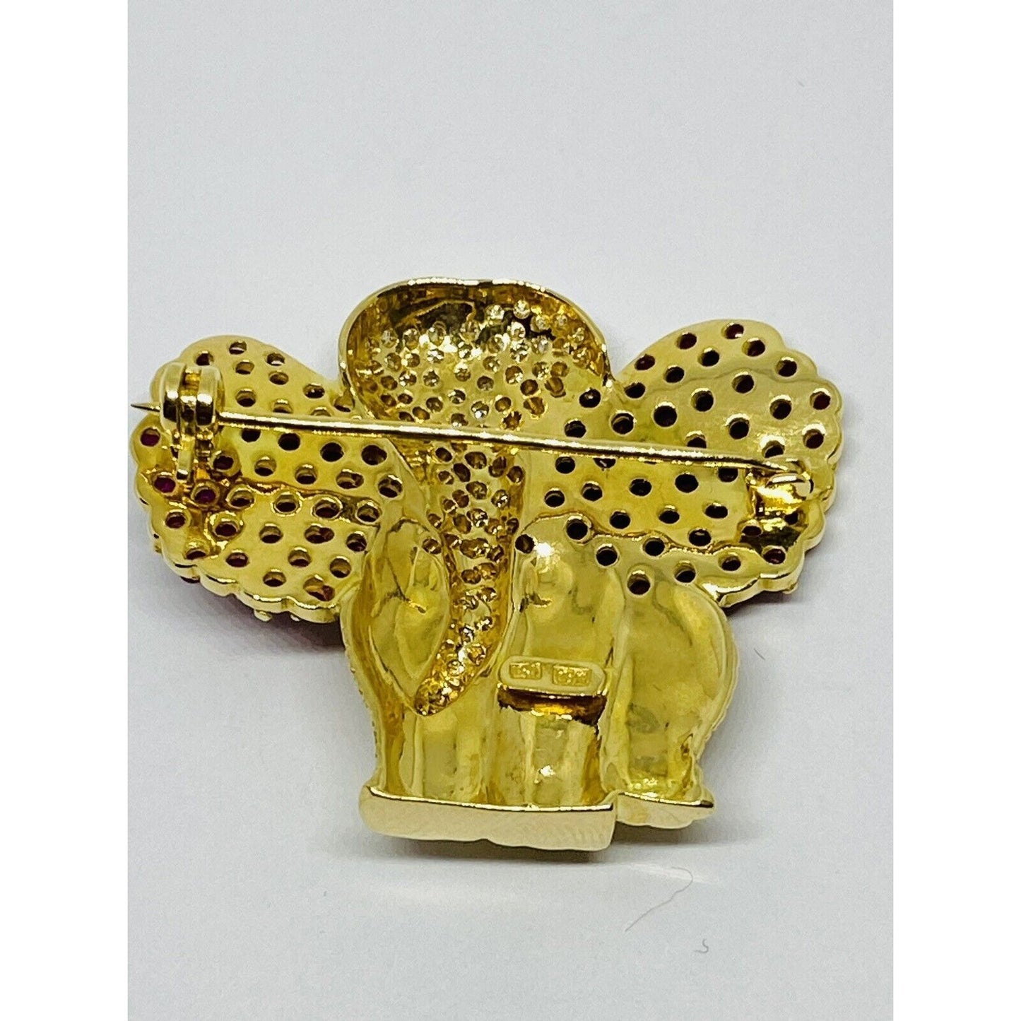 18k Solid Yellow Gold Elephant Brooch Pin With Natural Rubies Diamonds Sapphire