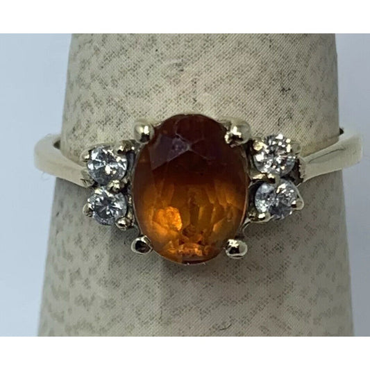 14K Yellow Gold Diamond & Orange Stone, Size 6.5 Hallmarked HP 14K