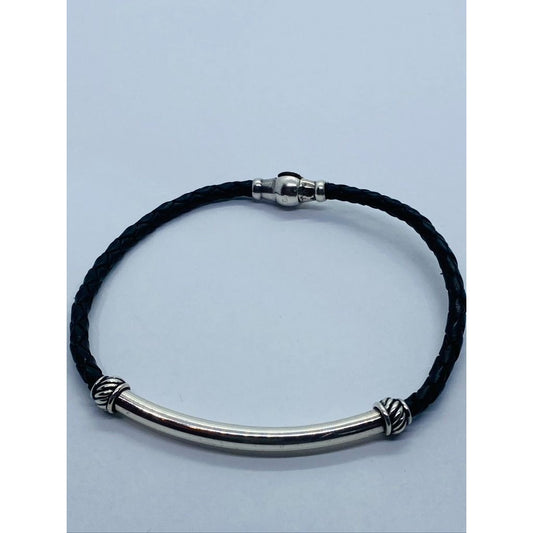 David Yurman Sterling Silver 925 Black Leather Bracelet - 8" Wrist
