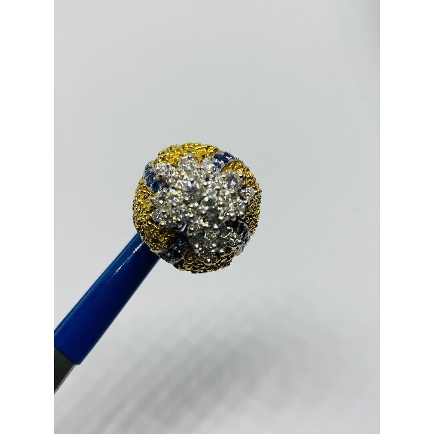 Heavy 18k Two Tone Gold 2.28TCW  VS Diamond Sapphire Cluster Texture Dome Ring