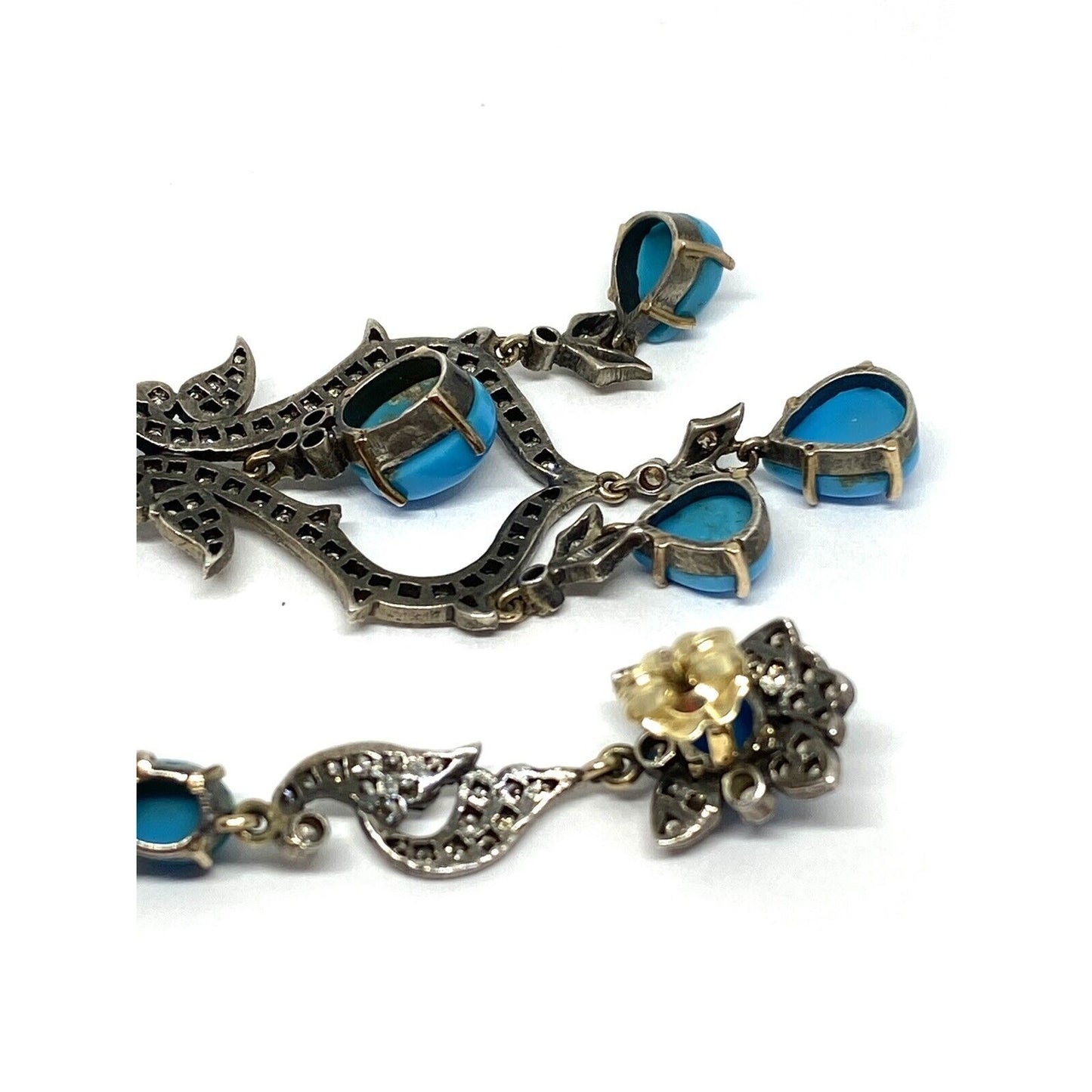 Diamond Turquoise Silver 14K Gold Filigree Long Drop Earrings 16.9 Mint!